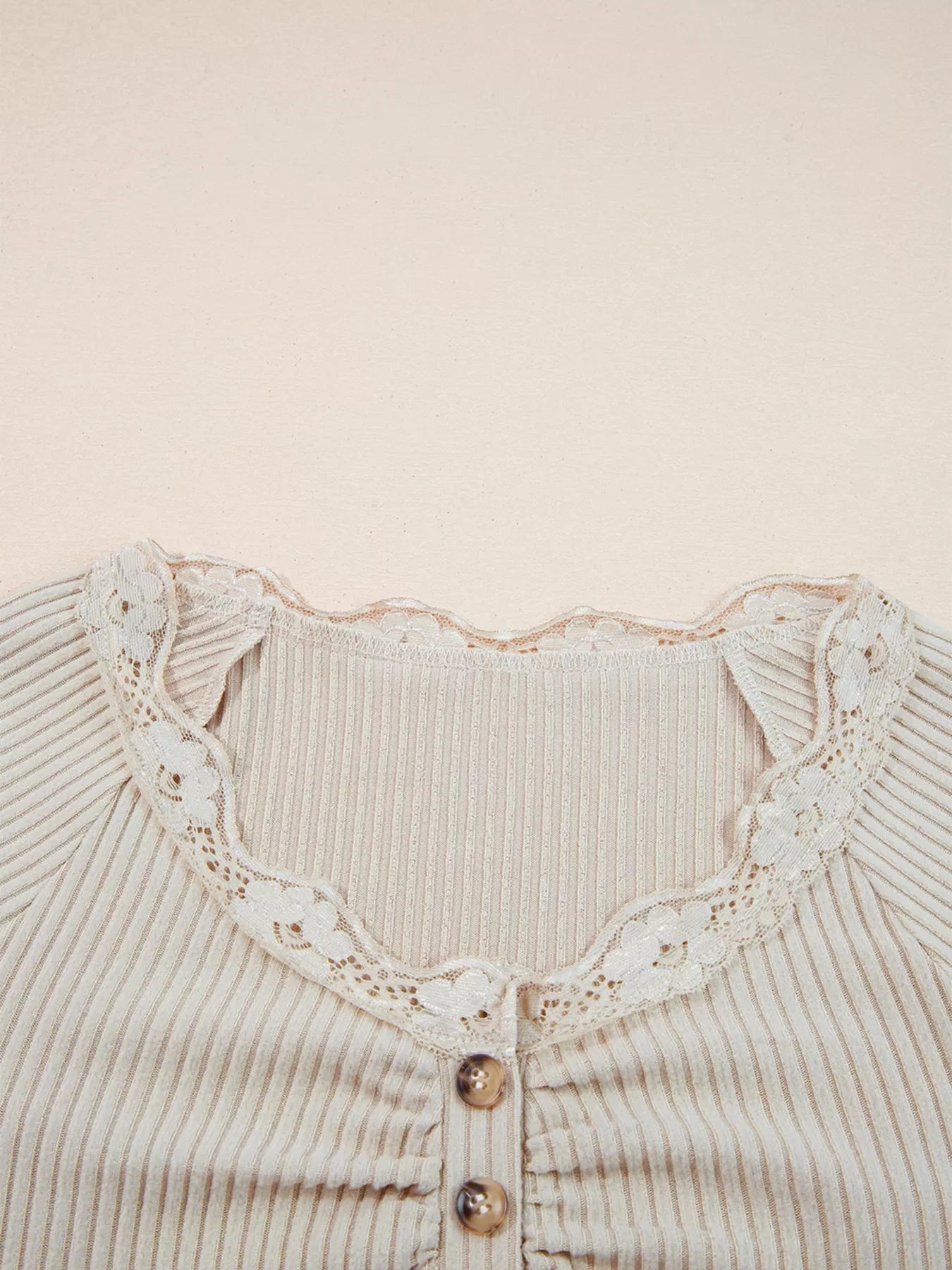 Lace Neckline Button Decor Lettuce Edge Long Sleeve Ribbed Top