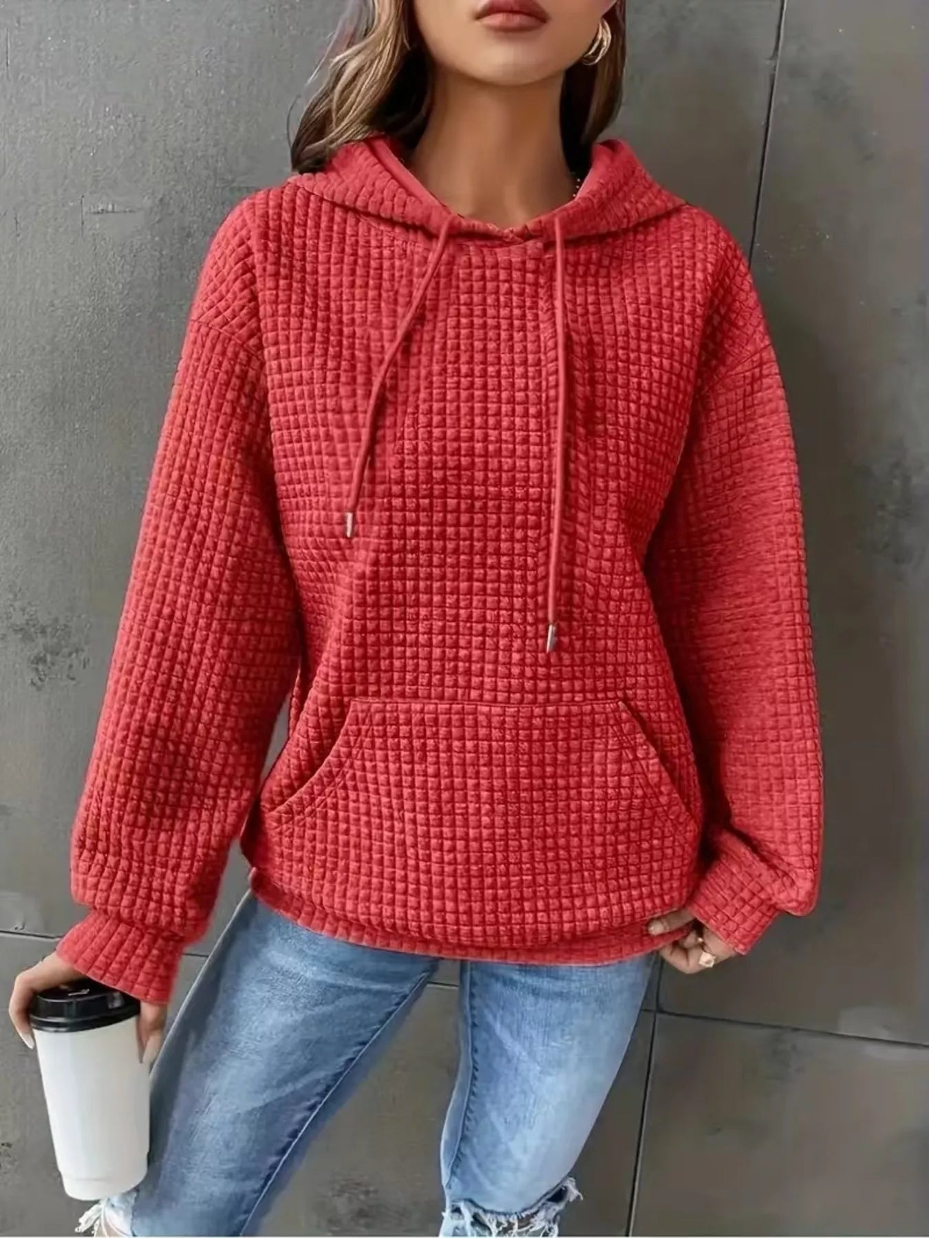 Textured Knit Drawstring Hoodie