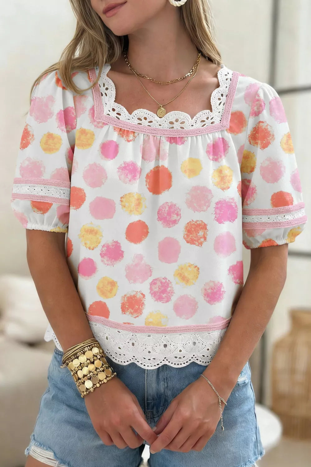 Polka Dot Lace Trim Square Neck Puff Sleeve Blouse