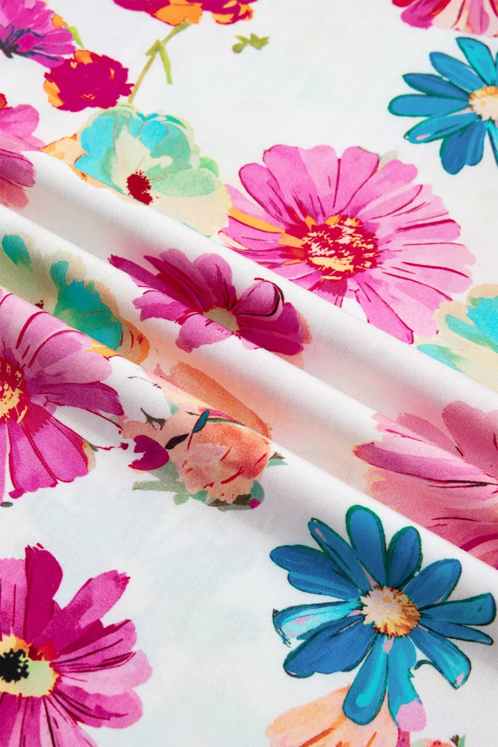 Floral Print Short Puff Sleeve Striped Trim V Neck Blouse