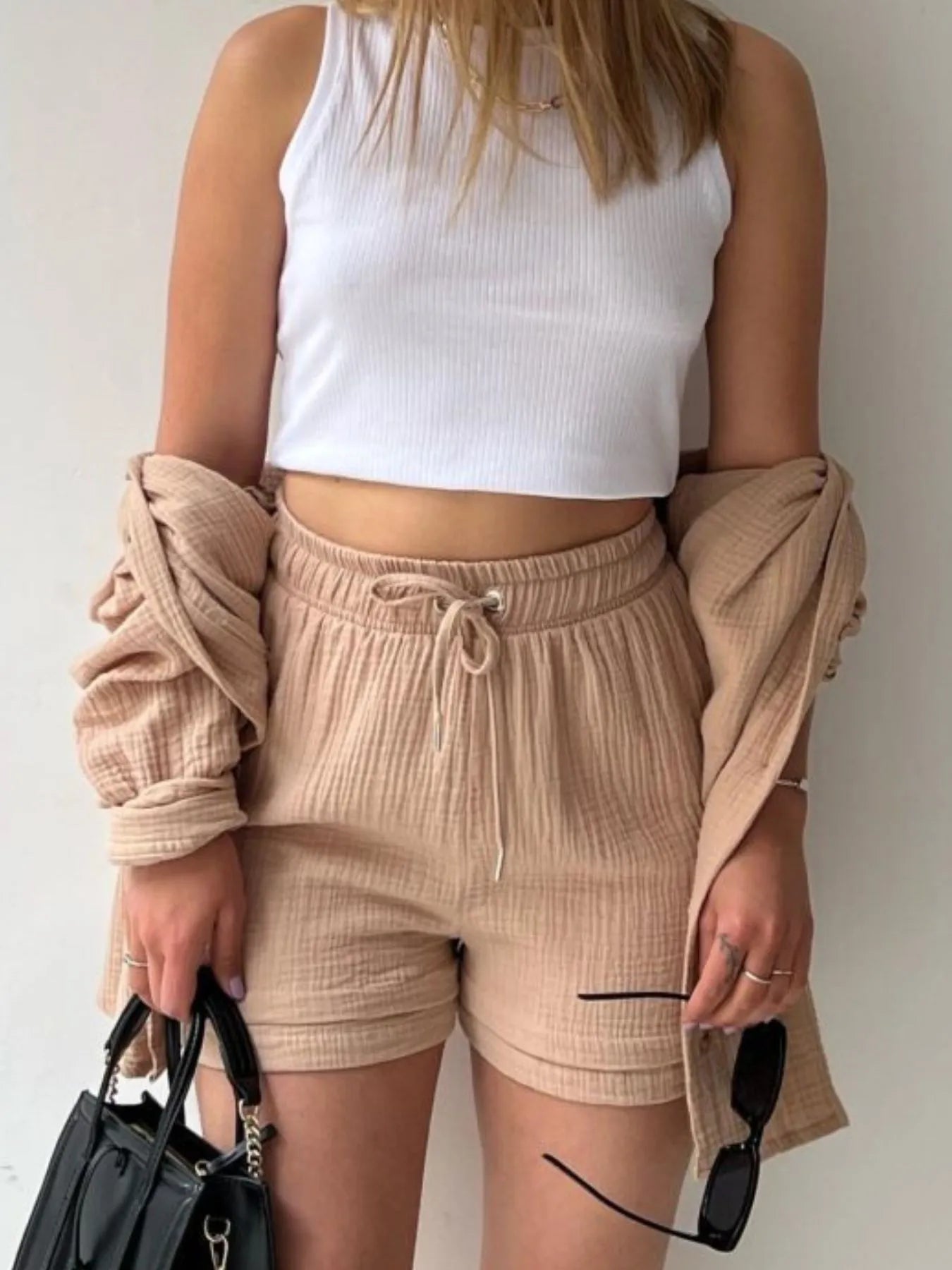 Textured Button Up Shirt and Shorts Set