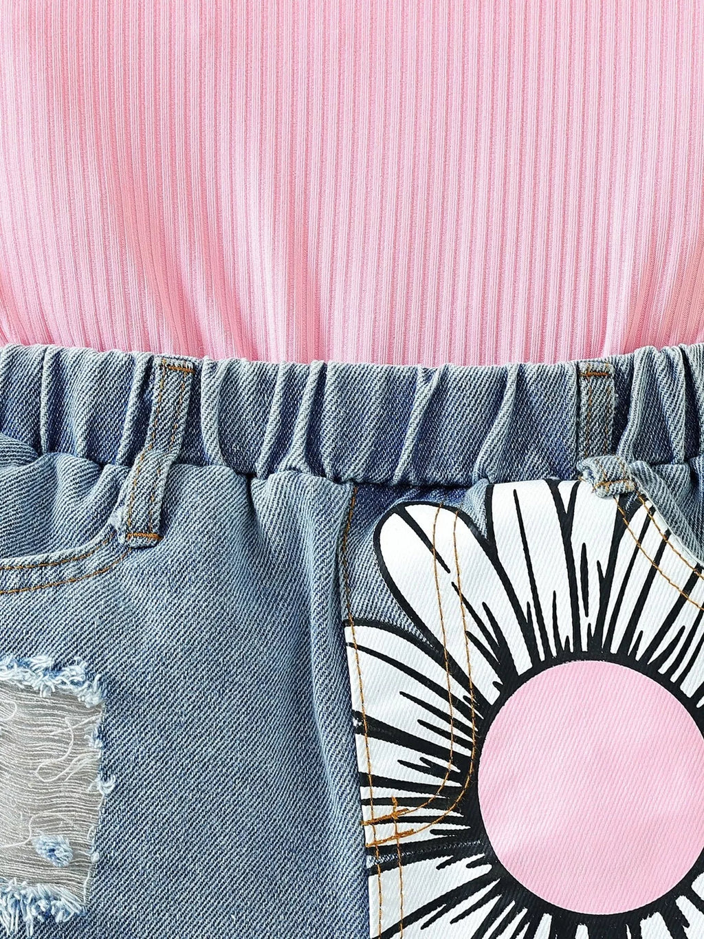 Children's Top & Sunflower Denim Shorts Set