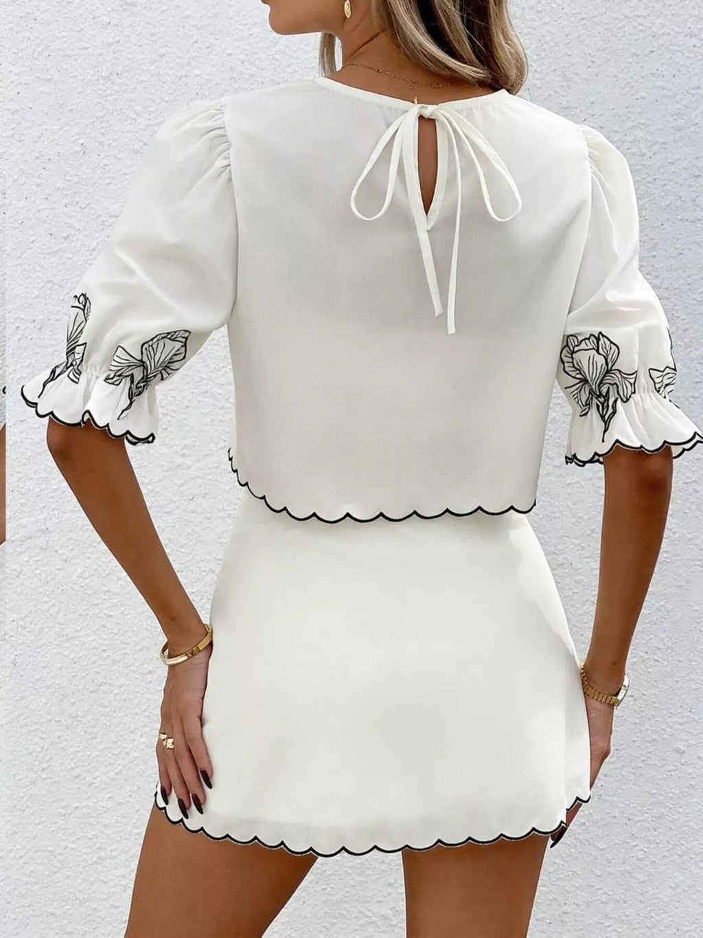 Floral Scallop Trim Top and Skirt Two-Piece Set