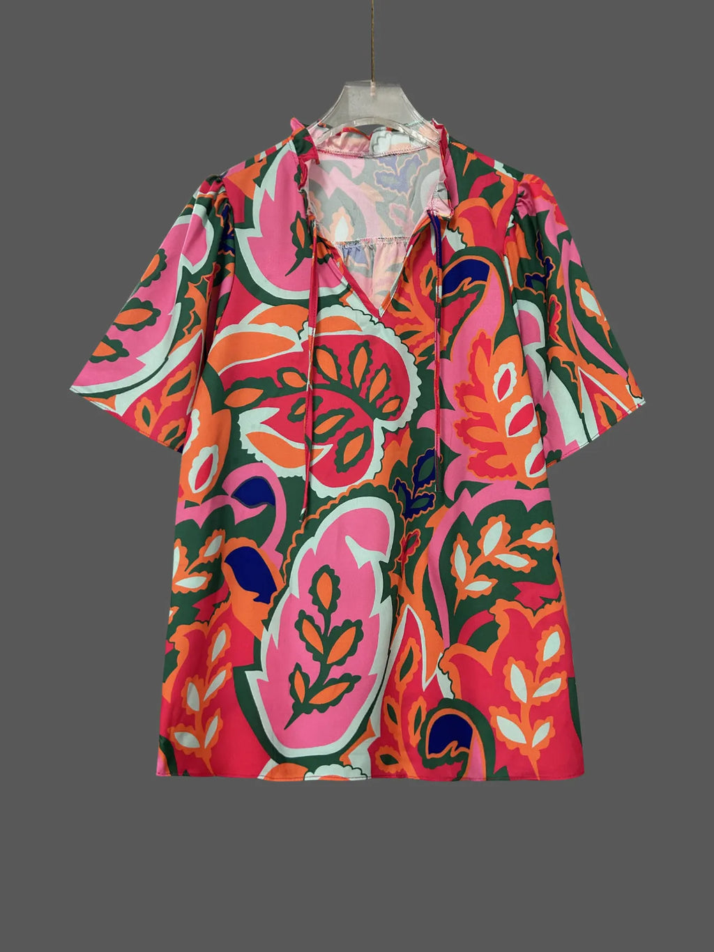 Printed Tie Neck Short Sleeve Blouse