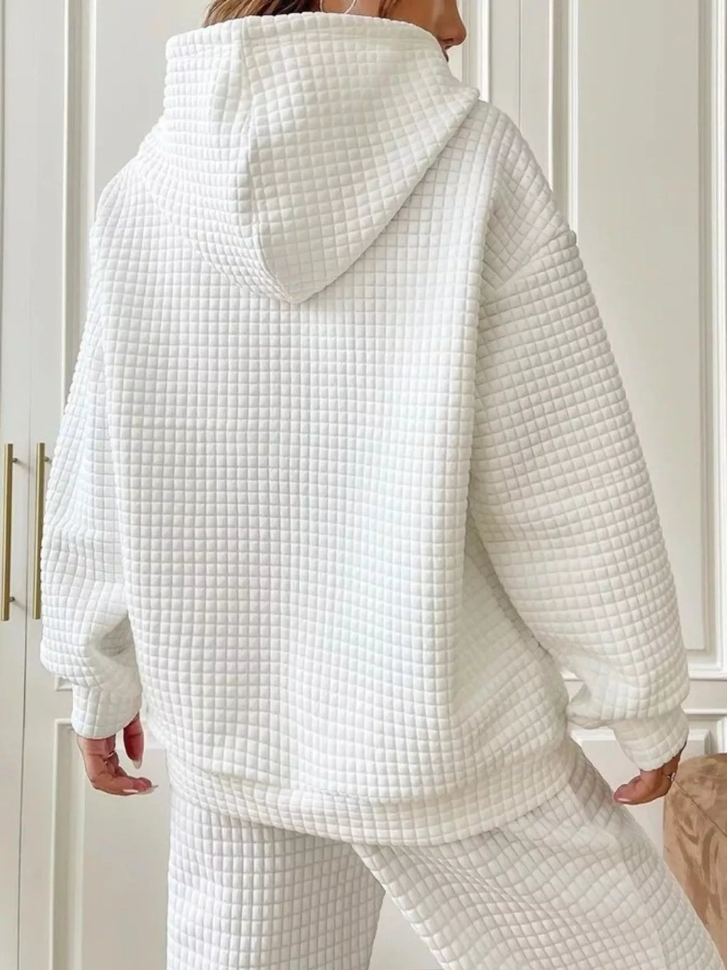 Waffle Knit Hoodie with Drawstring Details