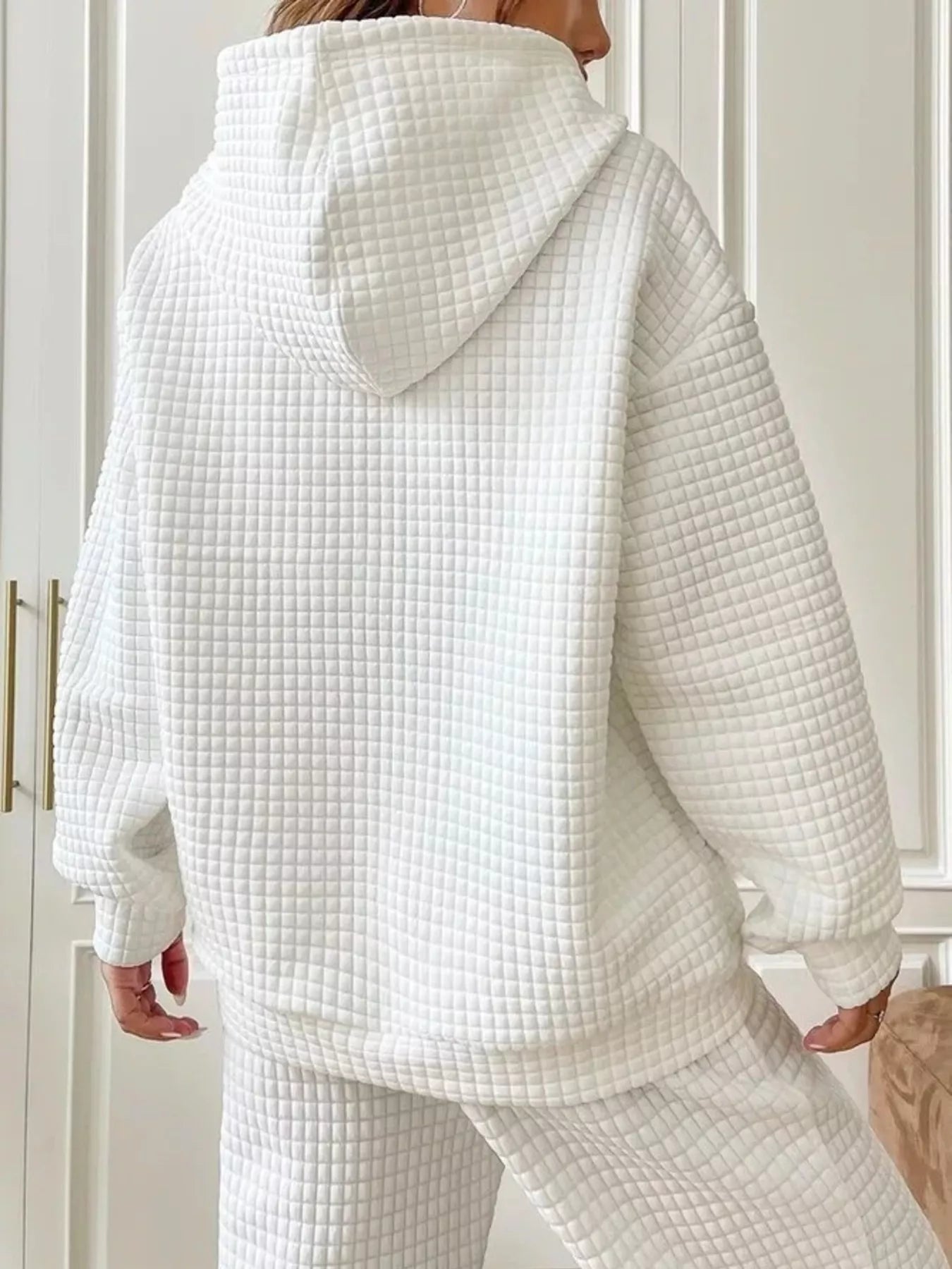 Waffle Knit Hoodie with Drawstring Details