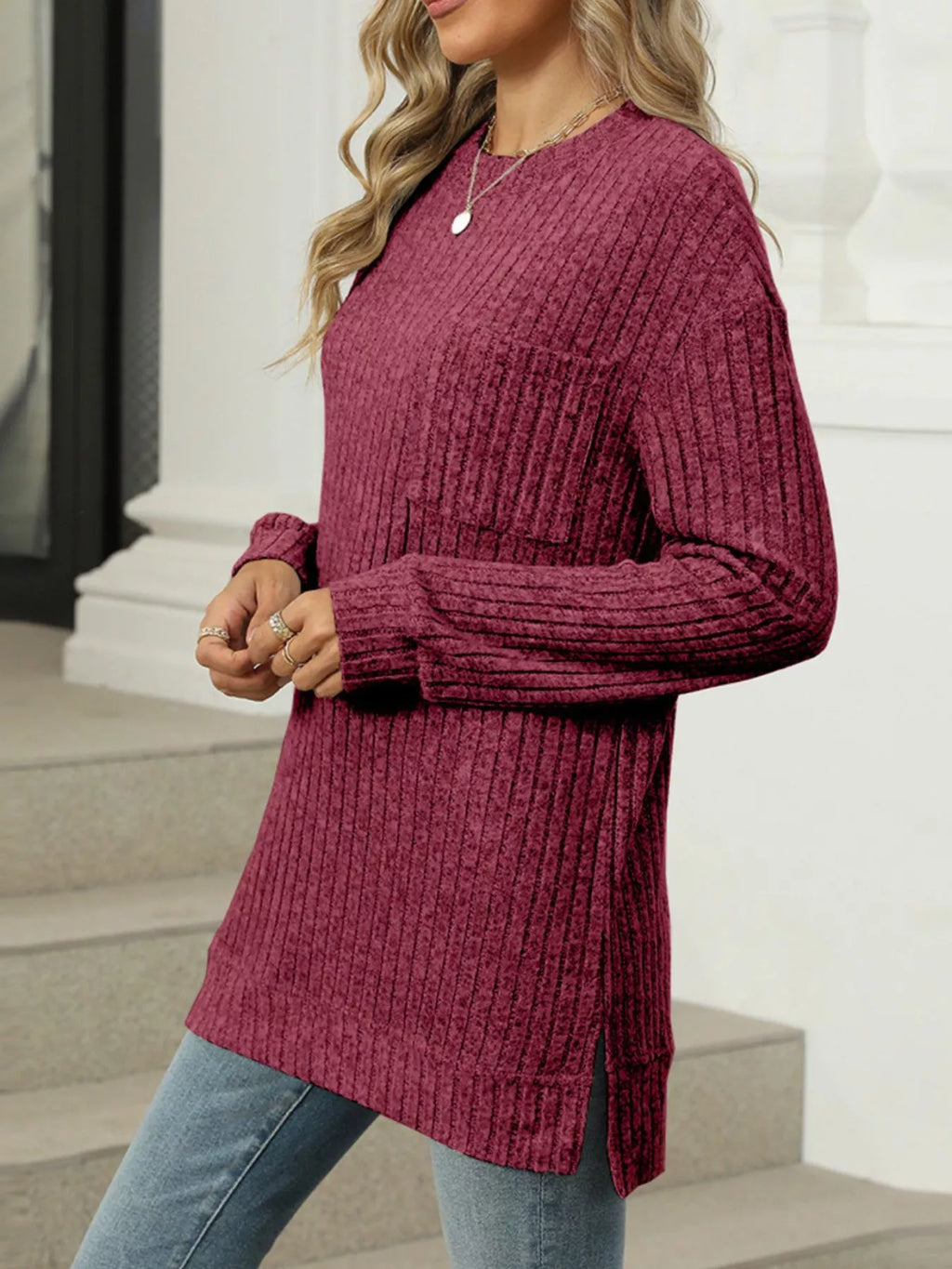 Ribbed Knit Round Neck Sweater