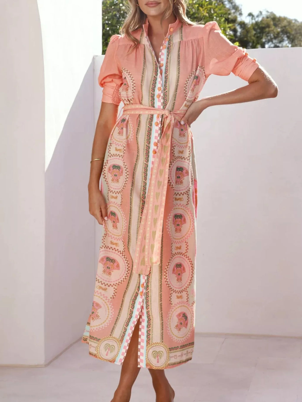 Printed Puff Sleeve Tie Waist Midi Dress