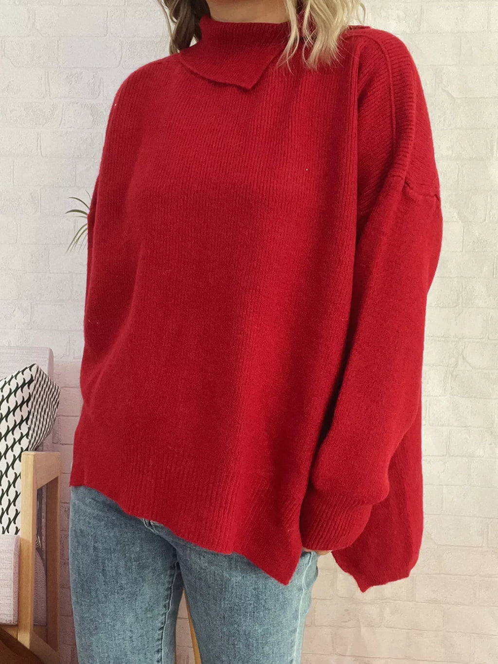 Slit Turtleneck Long Sleeve Sweater