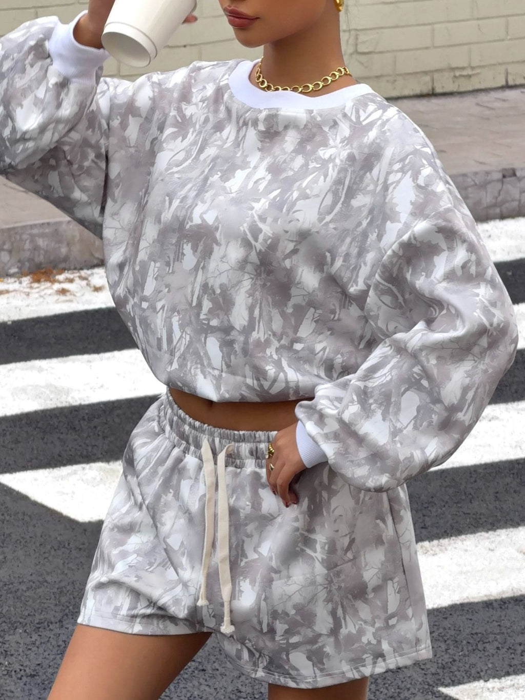Round Neck Long Sleeve Top & Shorts Set