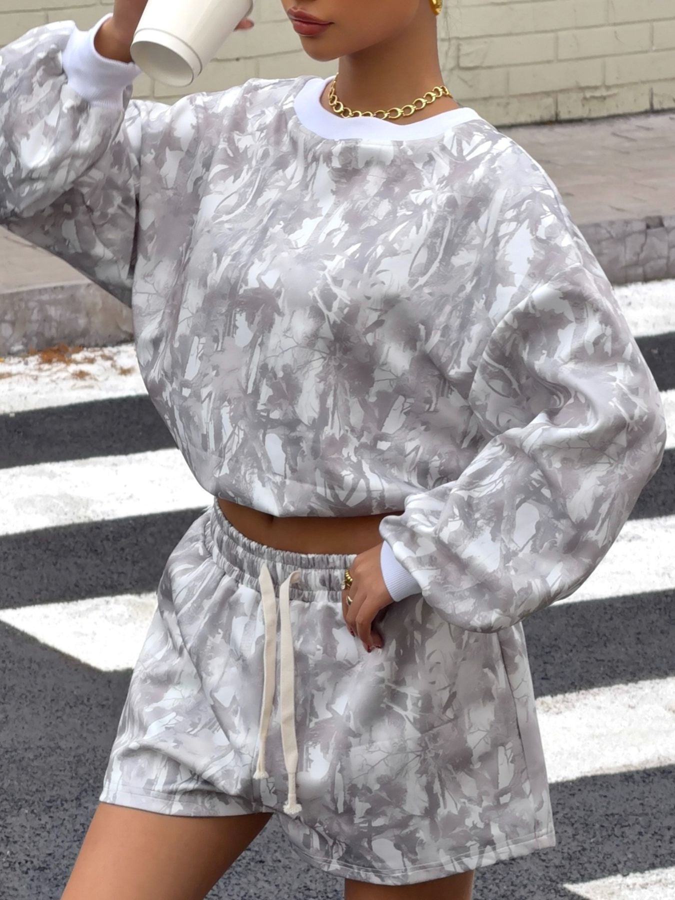 Round Neck Long Sleeve Top & Shorts Set