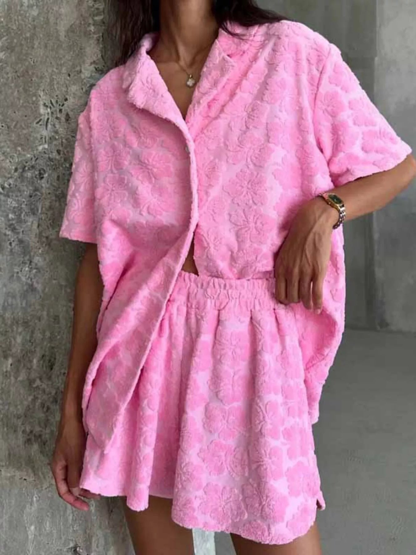 Floral Textured Button Up Shirt and Shorts Set