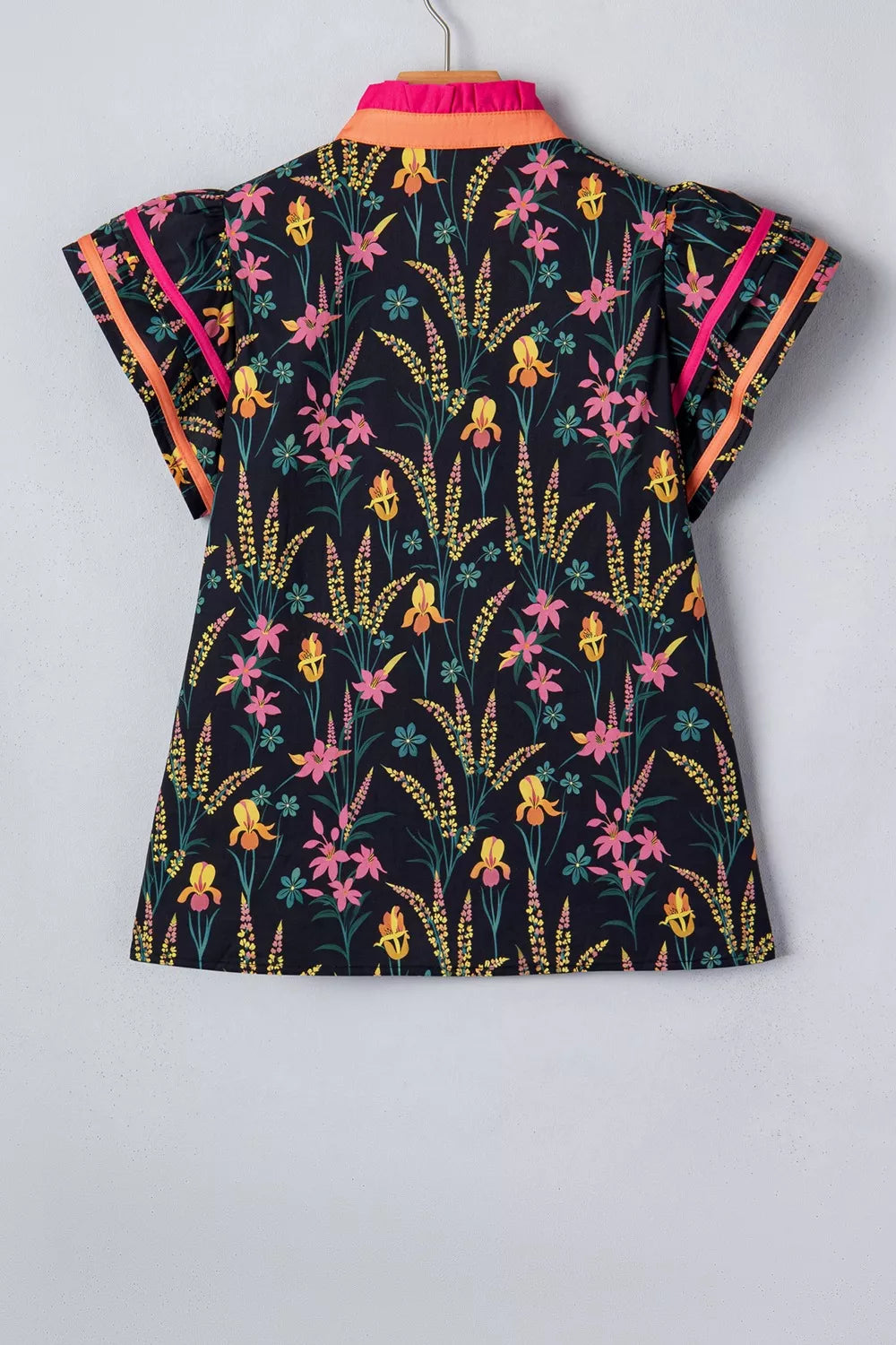 Floral Print Contrast Trim Tiered Ruffled Short Sleeve Blouse