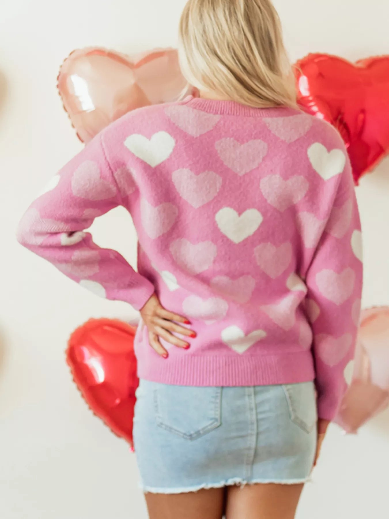 Pearled Heart Print Valentines Crew Neck Sweater