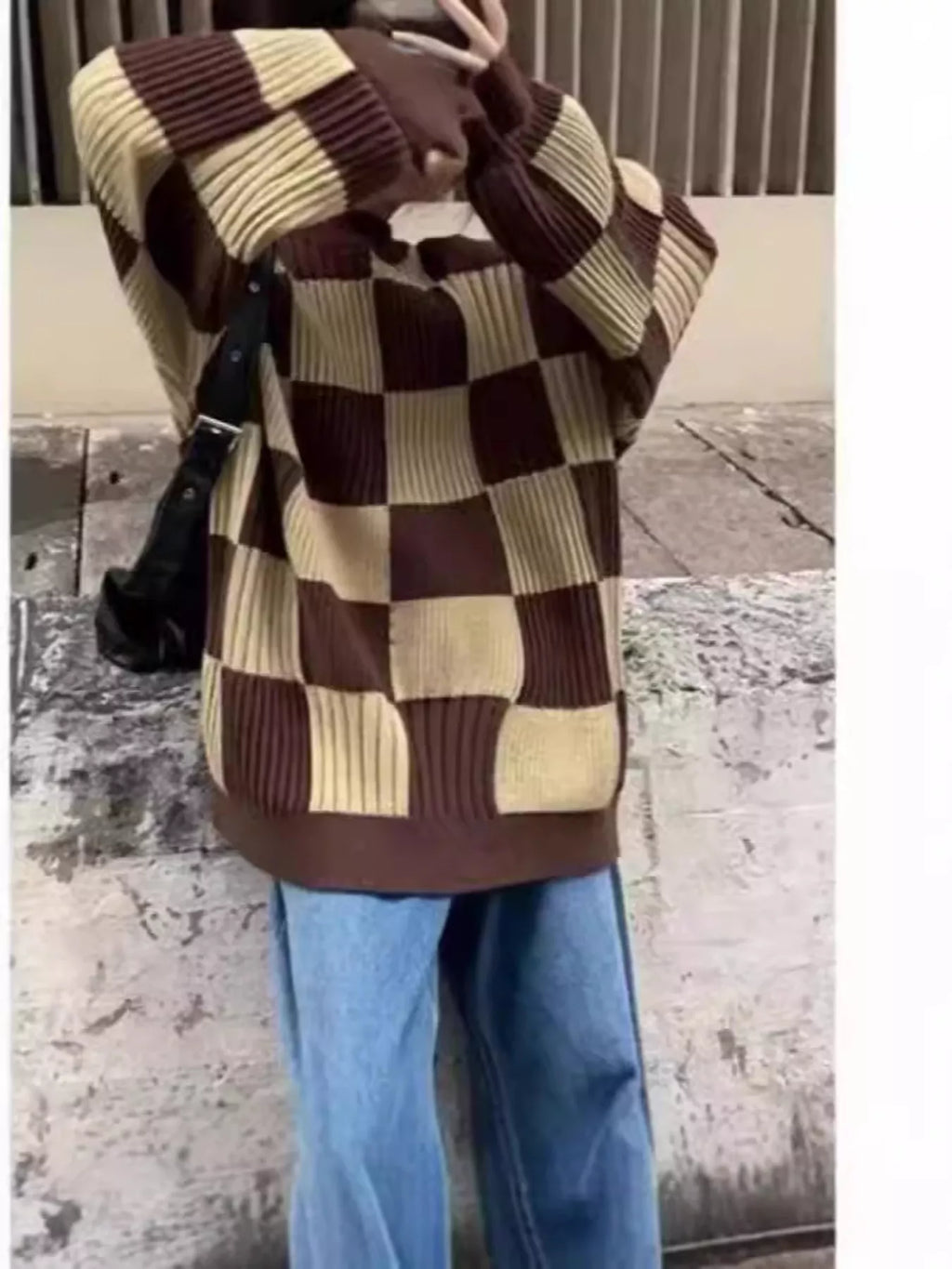 Checkerboard Pattern Oversized Sweater