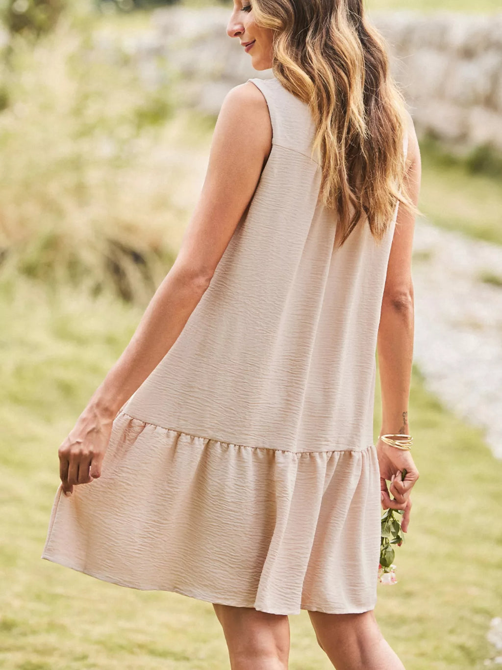 Sleeveless Button Front Tiered V Neck Textured Mini Dress