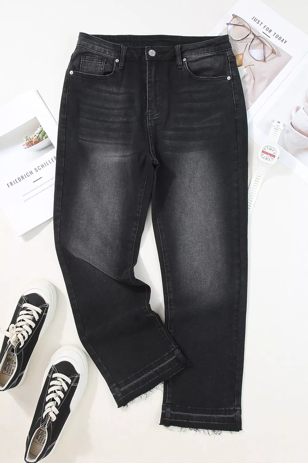 High-Waisted Distressed Hem Straight Leg Jeans