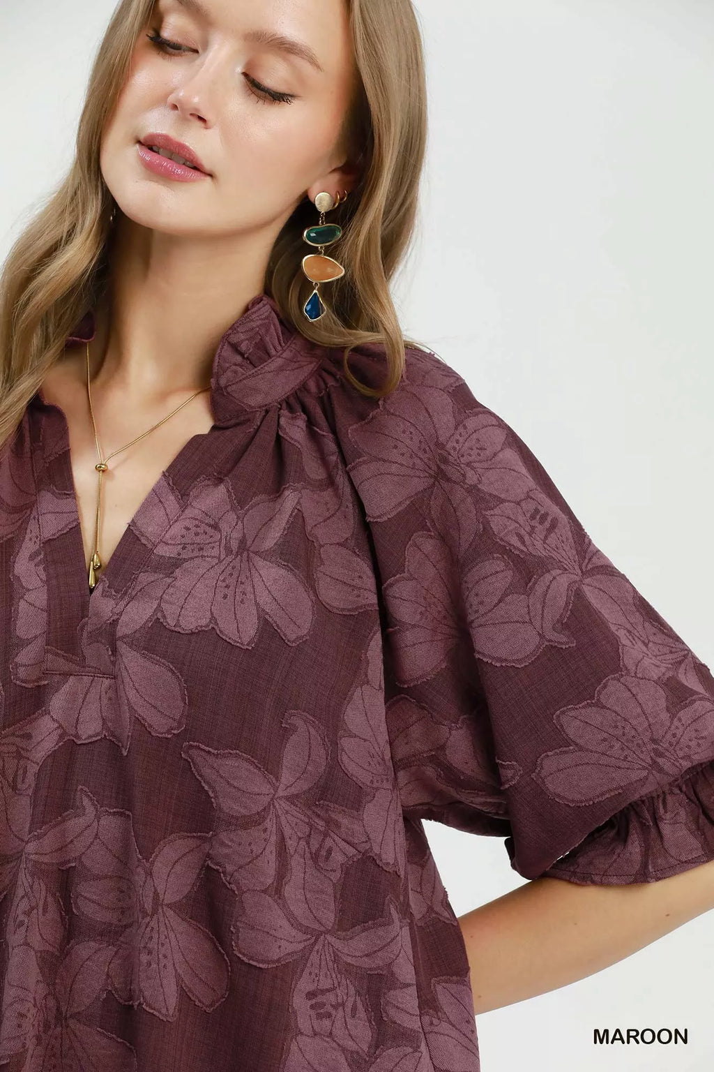 Umgee Floral Textured Jacqaurd V-Neck Dress