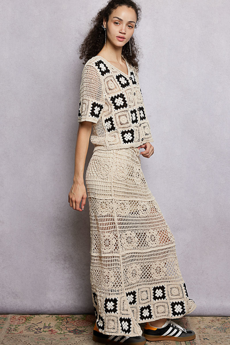 POL Floral Crochet Ruffled Waistband Maxi Skirt with Granny Square Weave