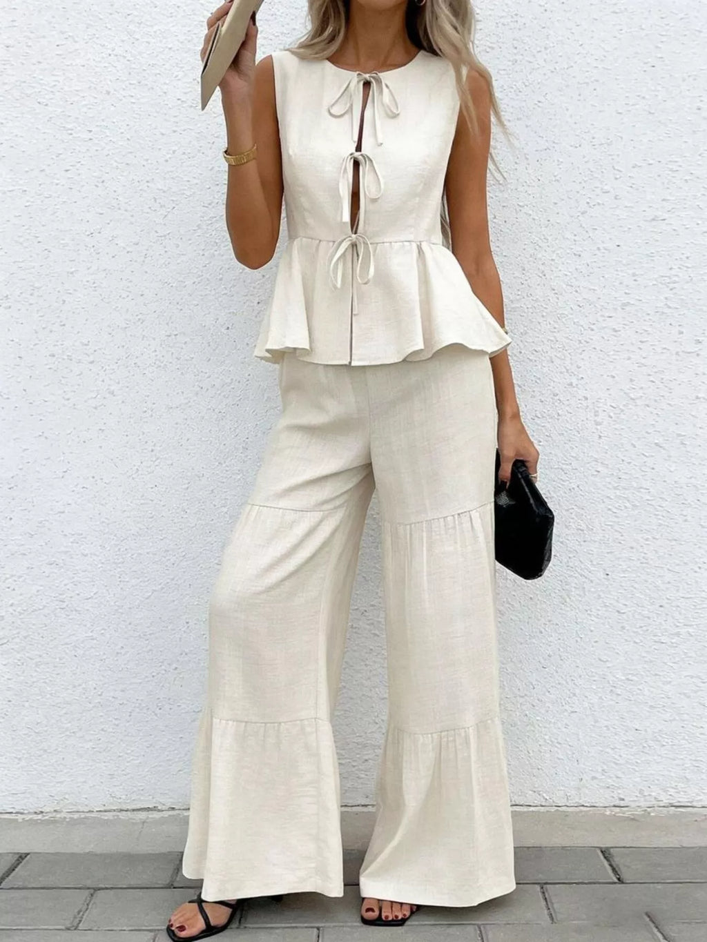 Sleeveless Tie-Front Top and Wide Leg Pants Set