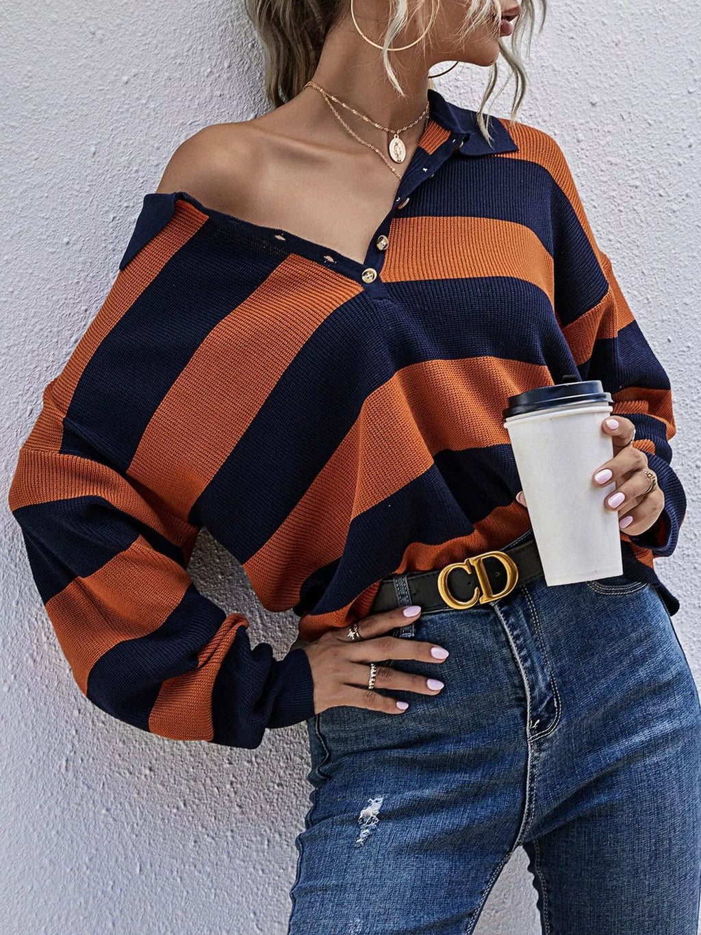 Striped Button Detail Dropped Shoulder Knit Top