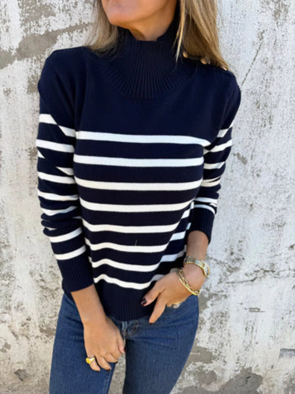 Full Size Striped Turtleneck Long Sleeve Sweater Plus Size
