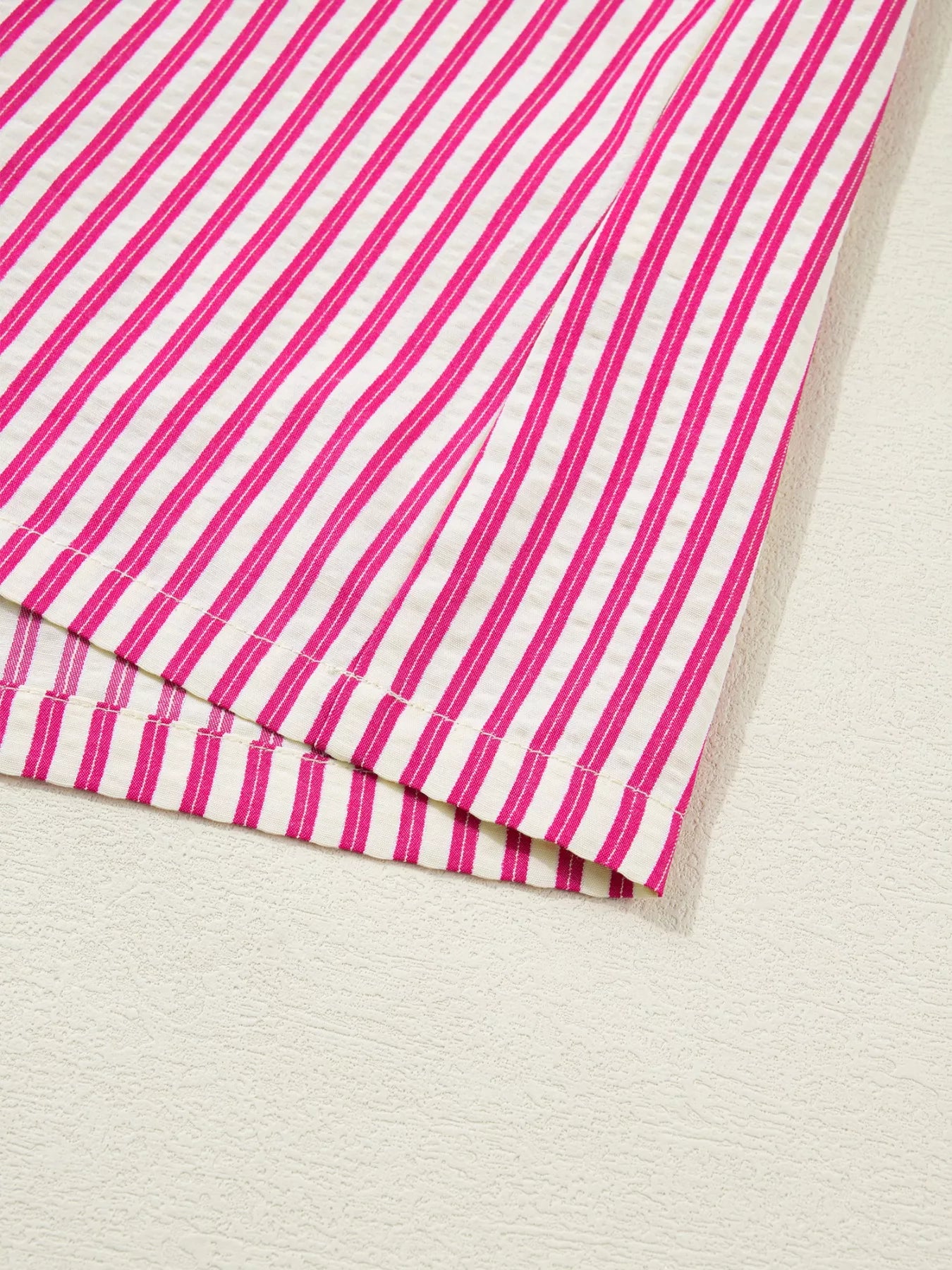 Stripe Shirred Yoke Ruffled Short Sleeve Blouse