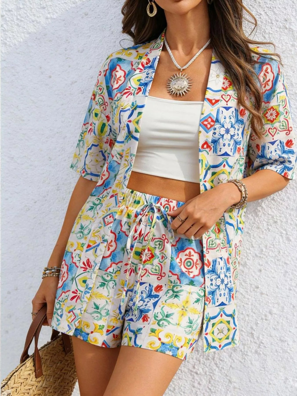 Printed Button Up Shirt and Shorts Set