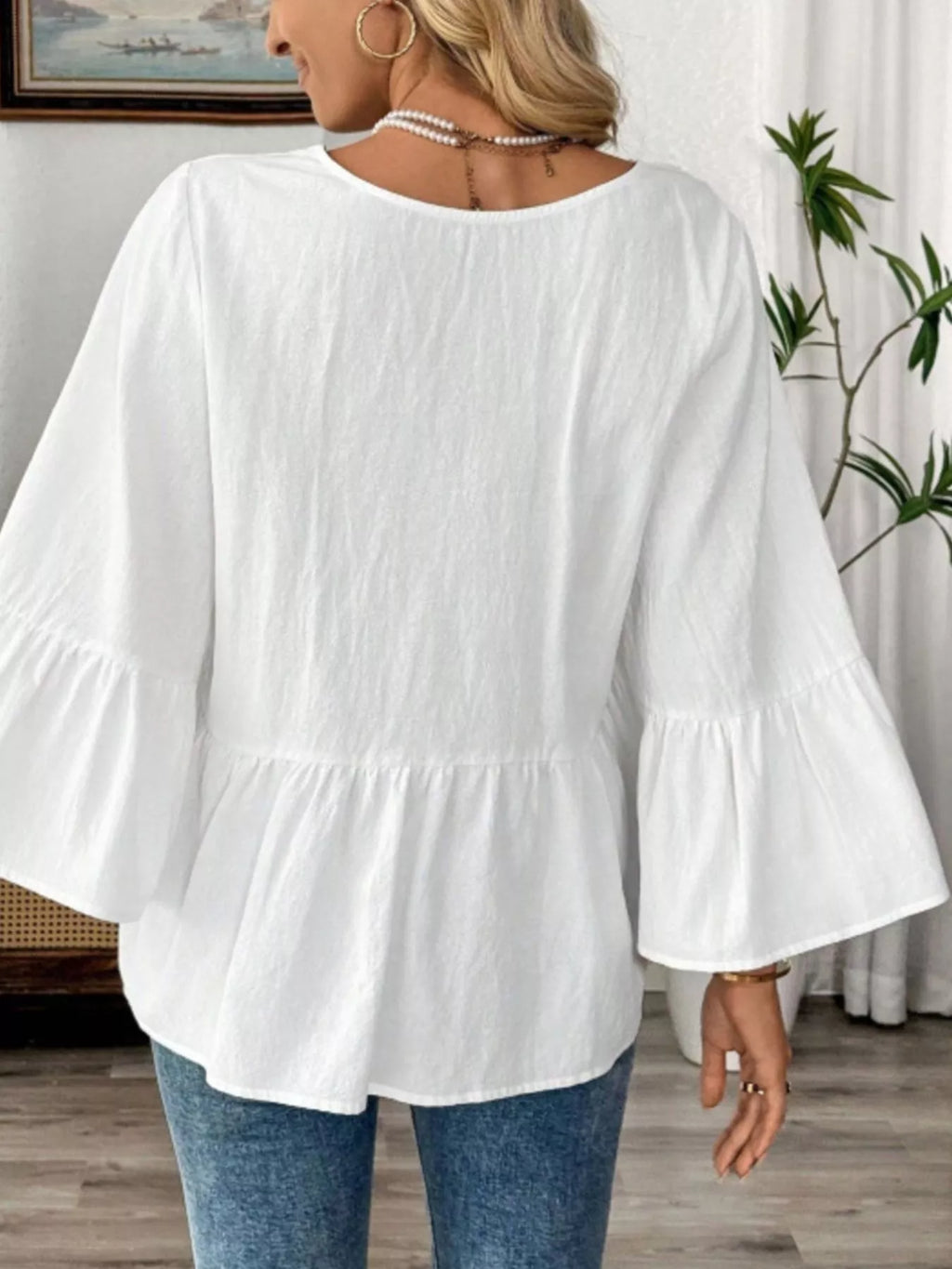 V-Neck Bell Sleeve Blouse