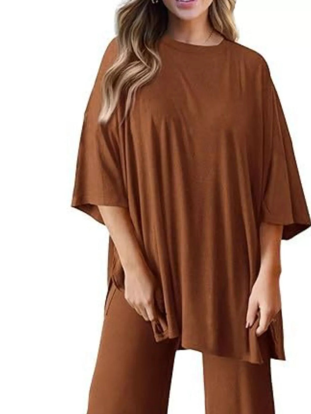 Slit Round Neck Top and Pants Set