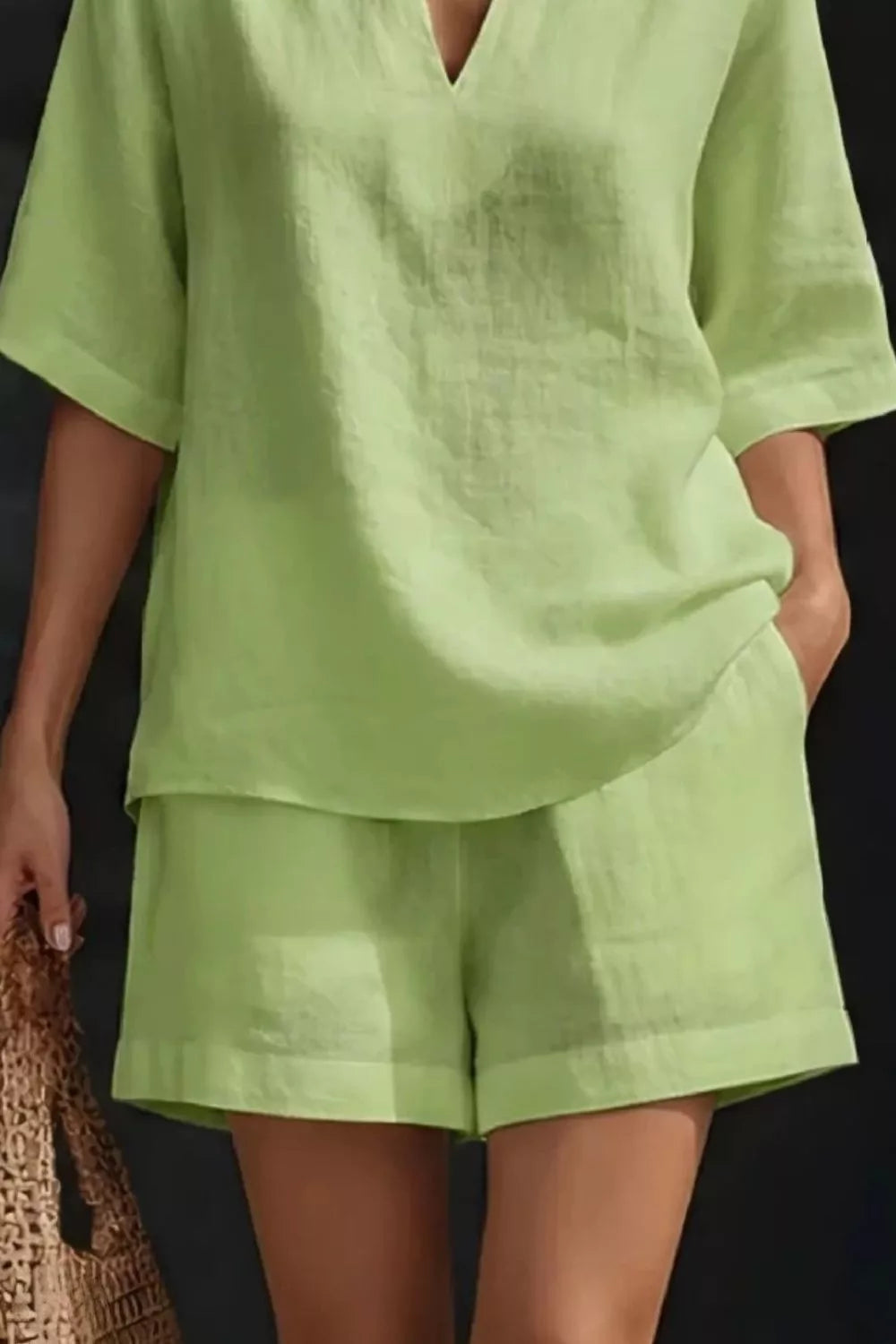 Notched Half Sleeve Top and Shorts Set