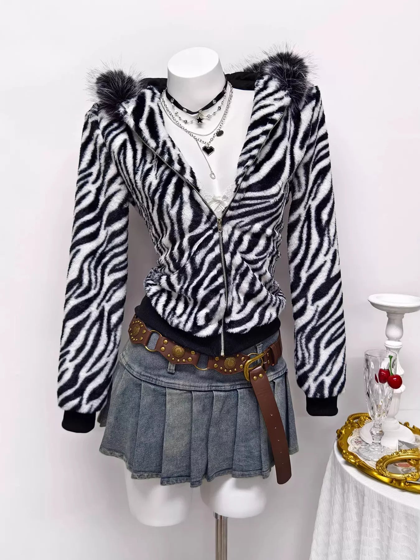 Zebra Faux Fur Hooded Zip-Up Outerwear