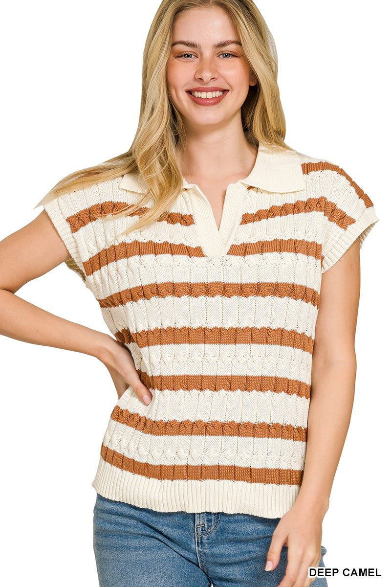 Zenana Textured Stripe Collared Sweater Vest