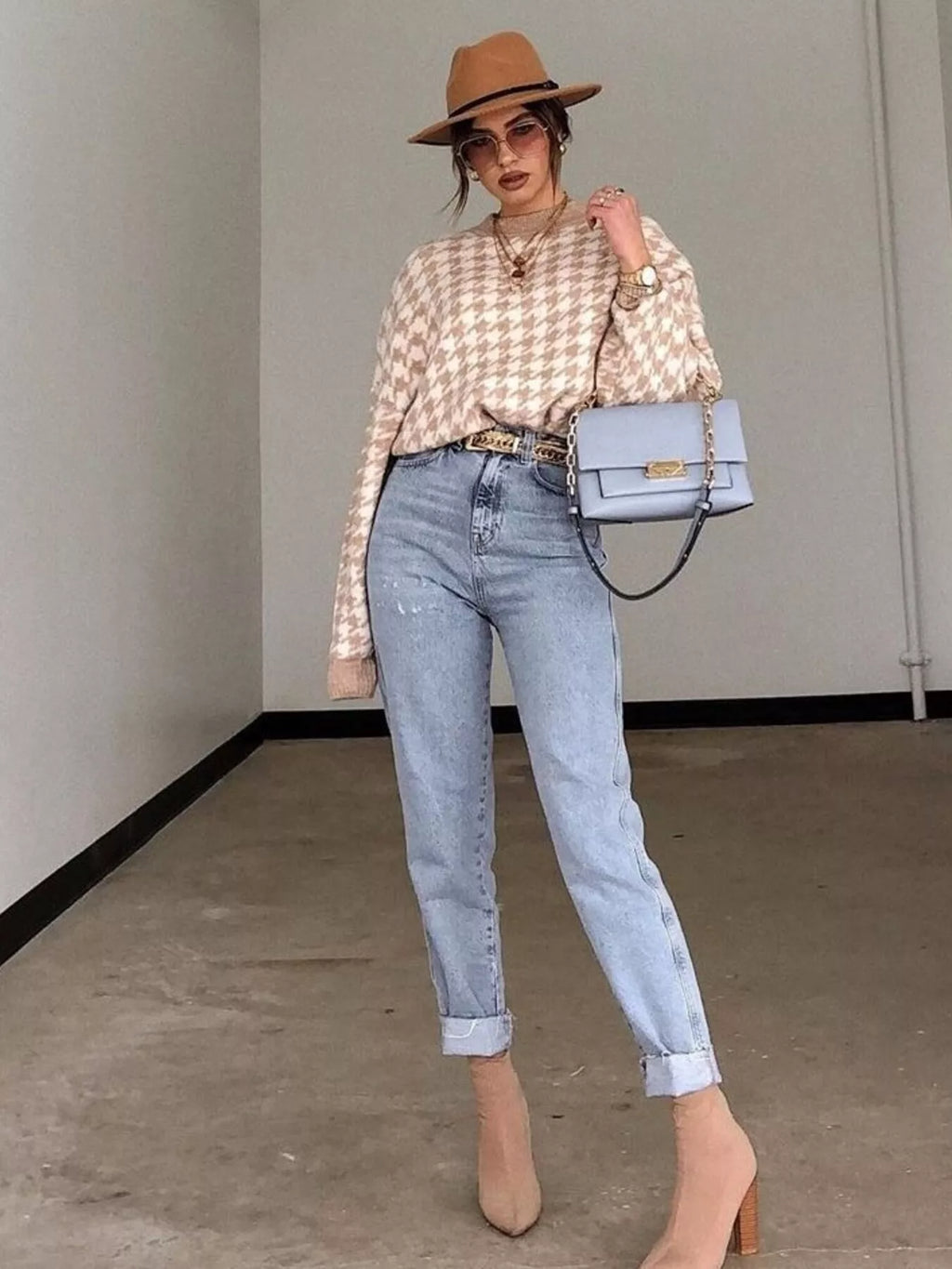 Full Size Houndstooth Pattern Oversized Sweater Plus Size