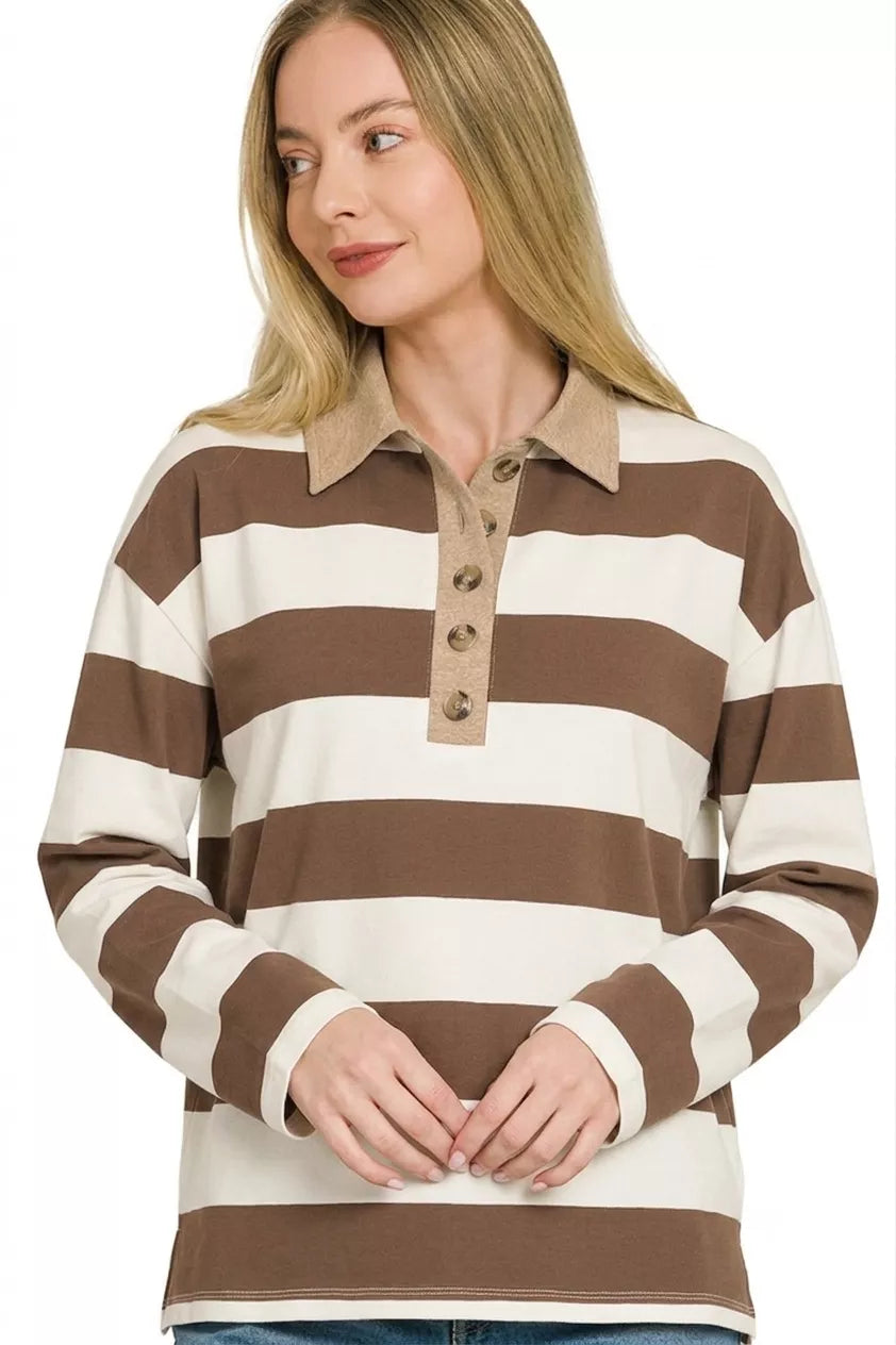 Zenana Striped Contrast Collar Polo Tee
