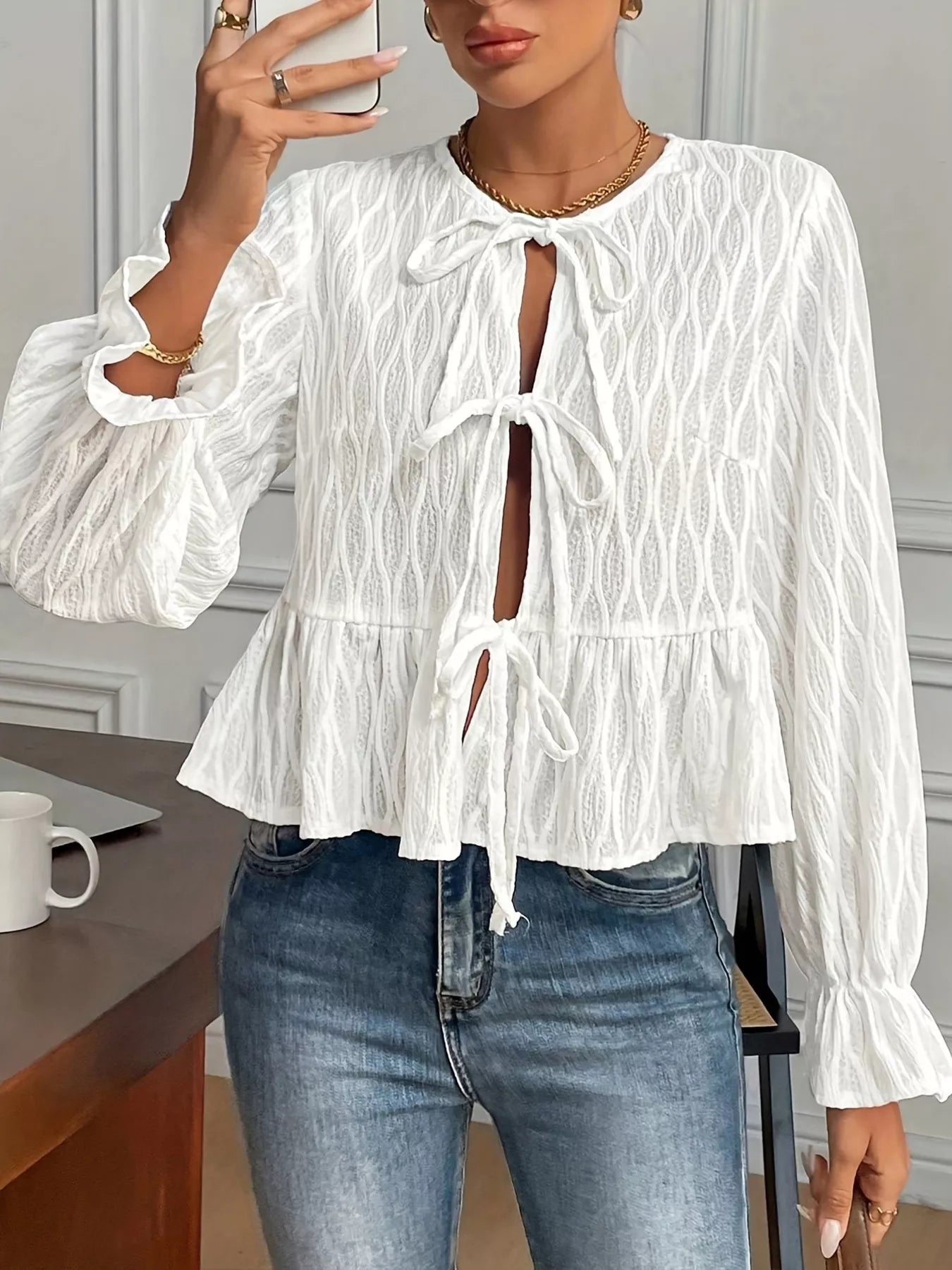 Tie Front Flounce Sleeve Blouse