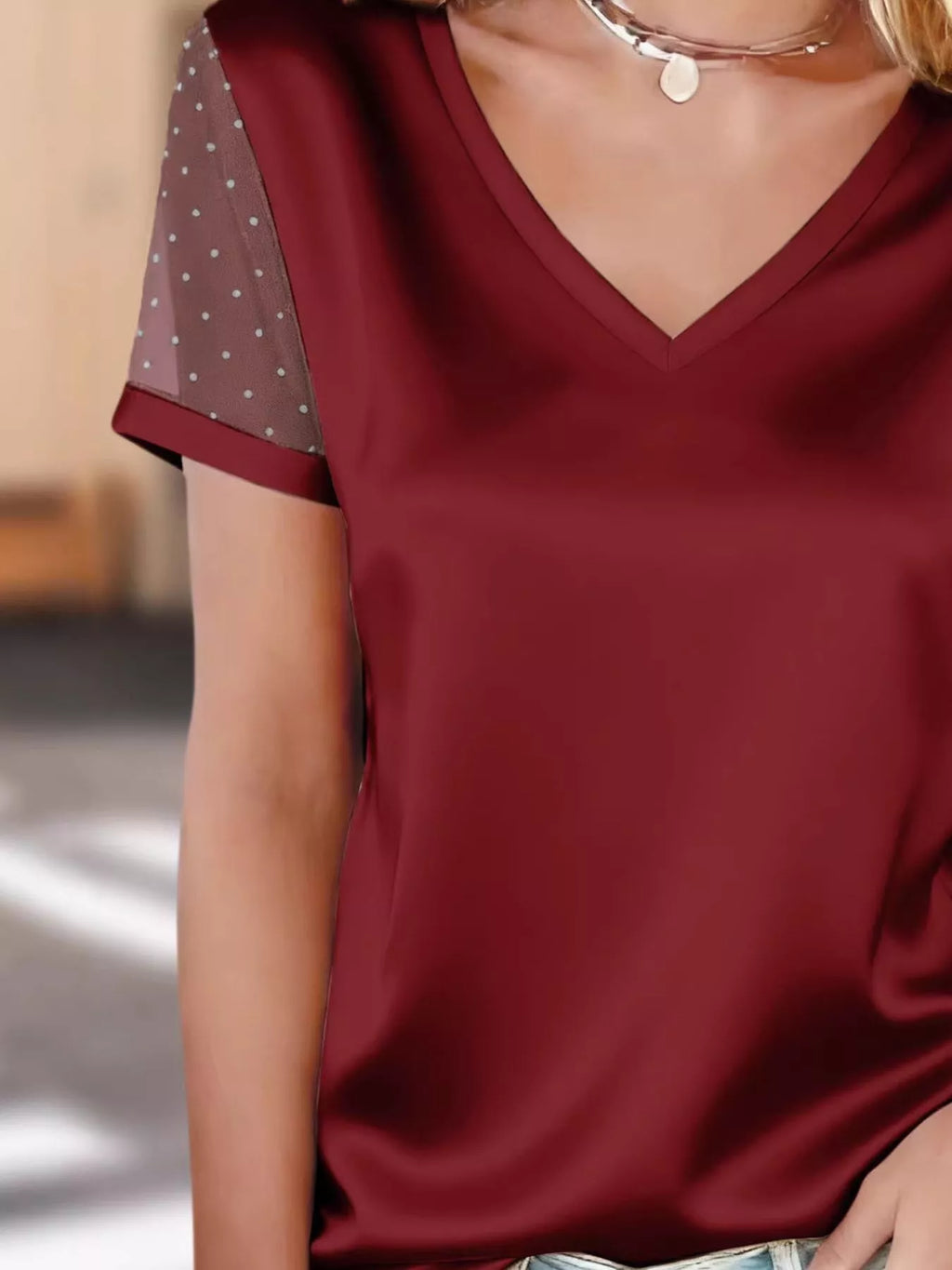 Sheer Sleeve V-Neck Top