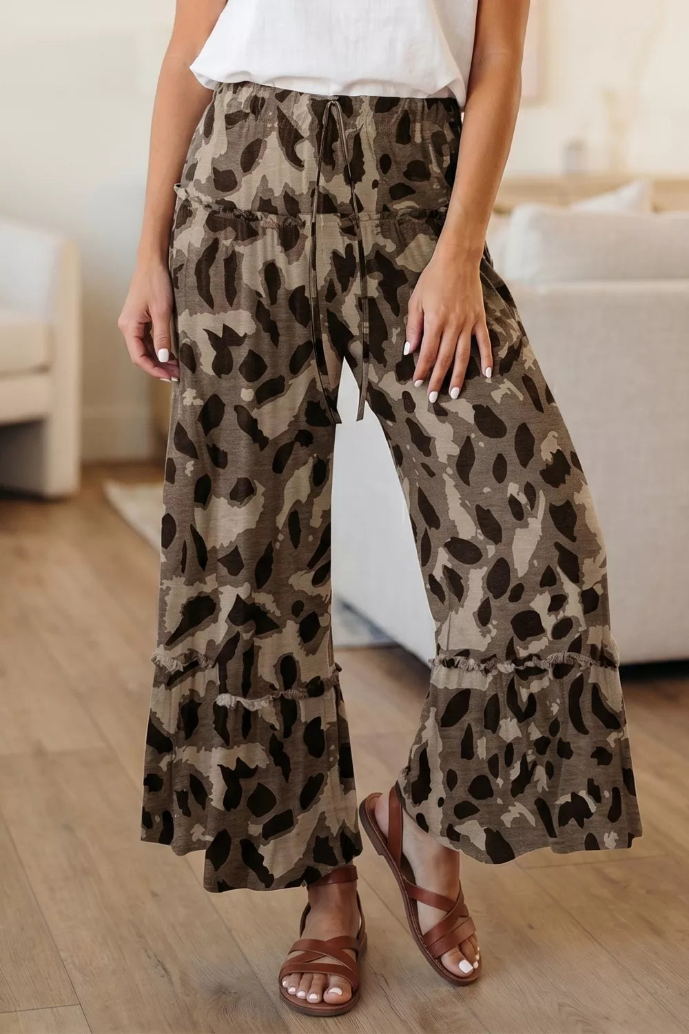 Camo Print Wide Leg Casual Pants
