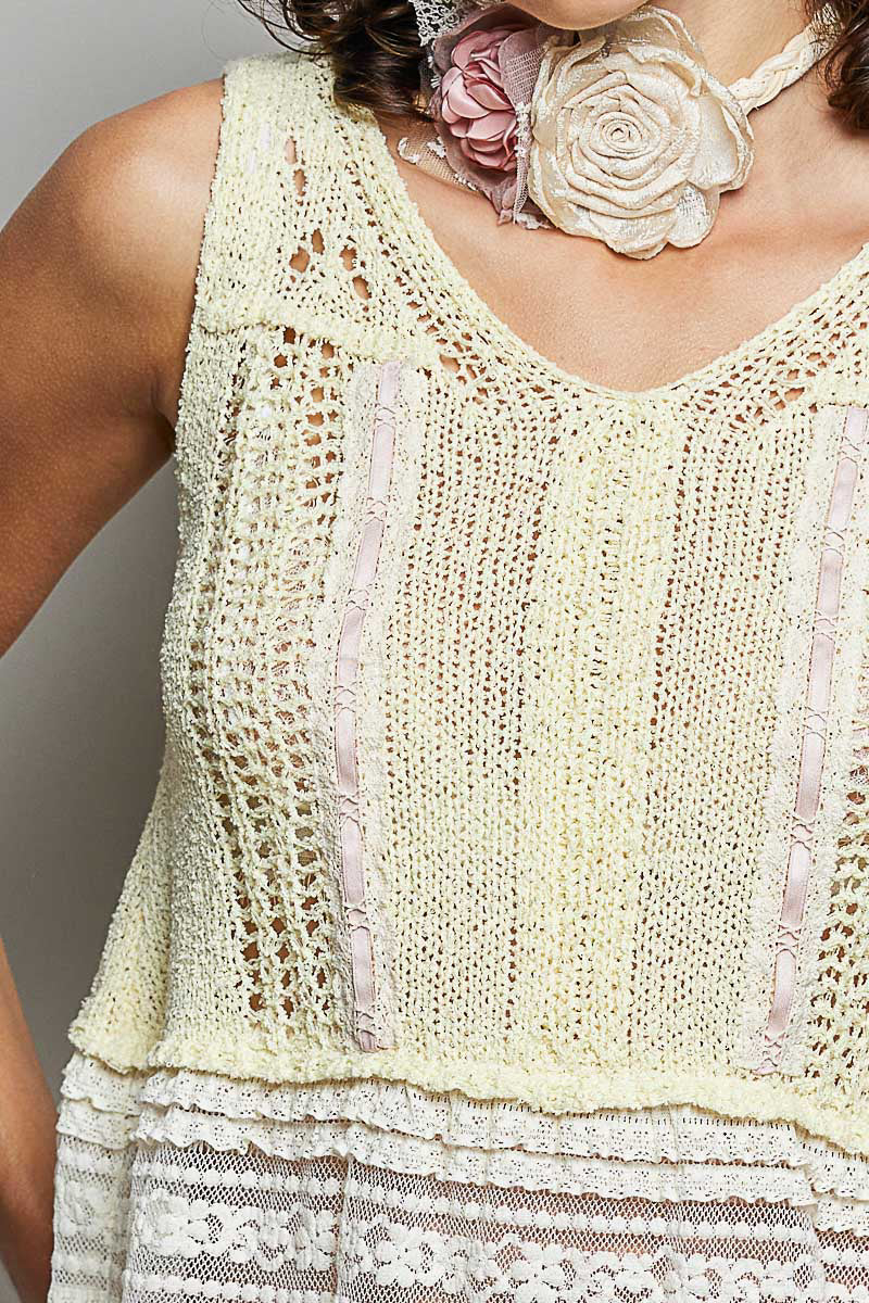 POL V-Neck Crochet Sweater Vest with Lace Trim