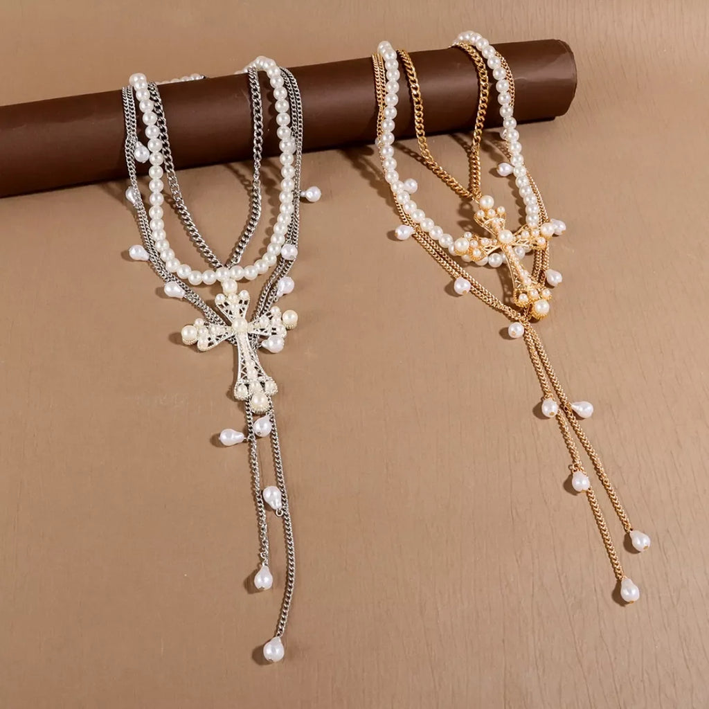 Pearl Cross Pendant Necklace 3 Piece Set