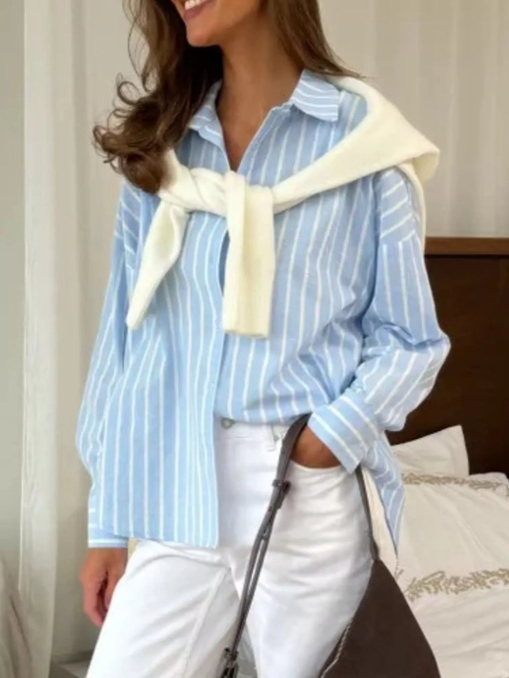 Button Down Striped Collared Neck Long Sleeve Shirt