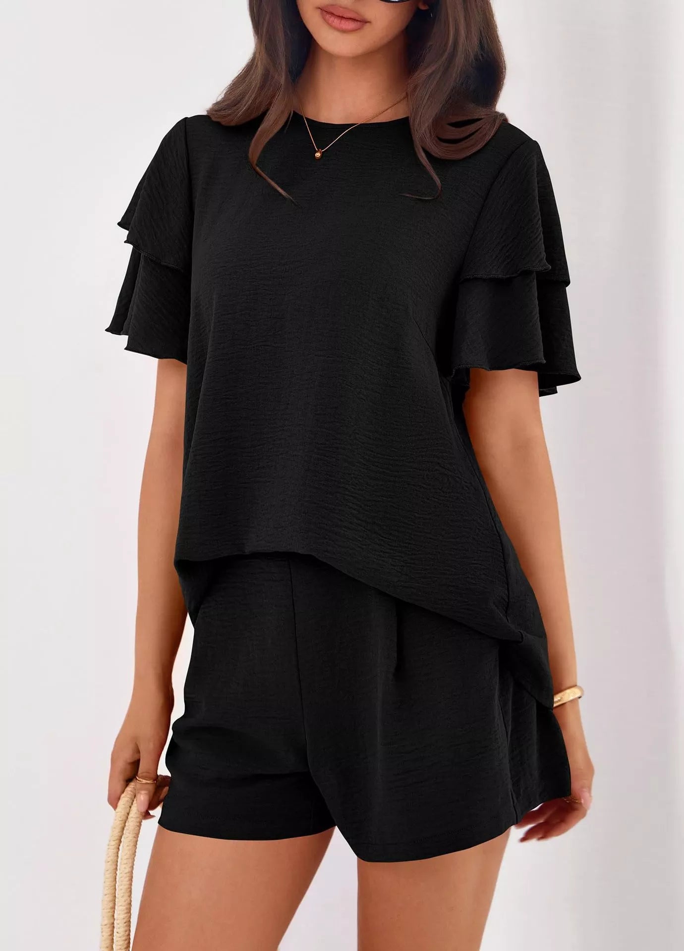 Ruffle Sleeve Top and Shorts Two-Piece Set