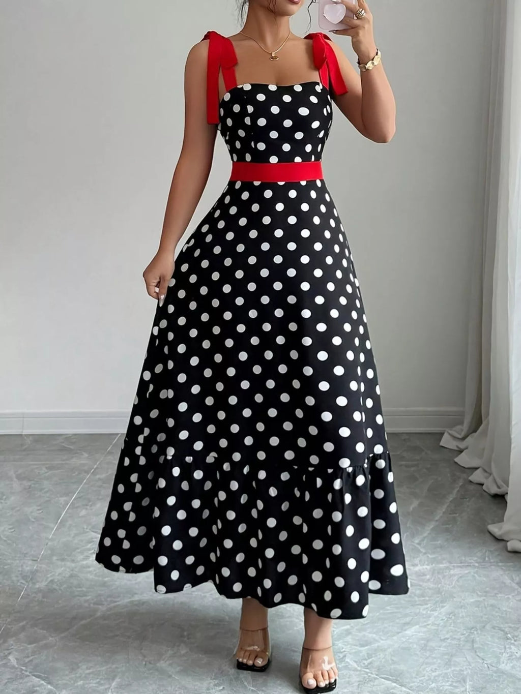 Polka Dot Tie Strap Maxi Dress