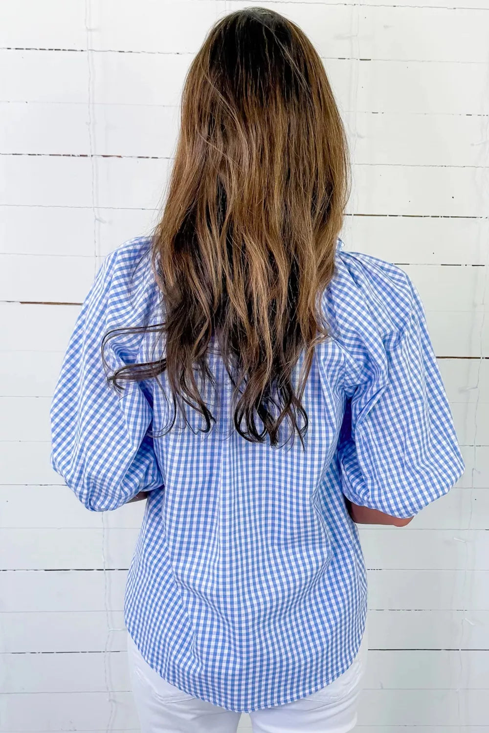 Plaid V Neck Puff Sleeve Blouse