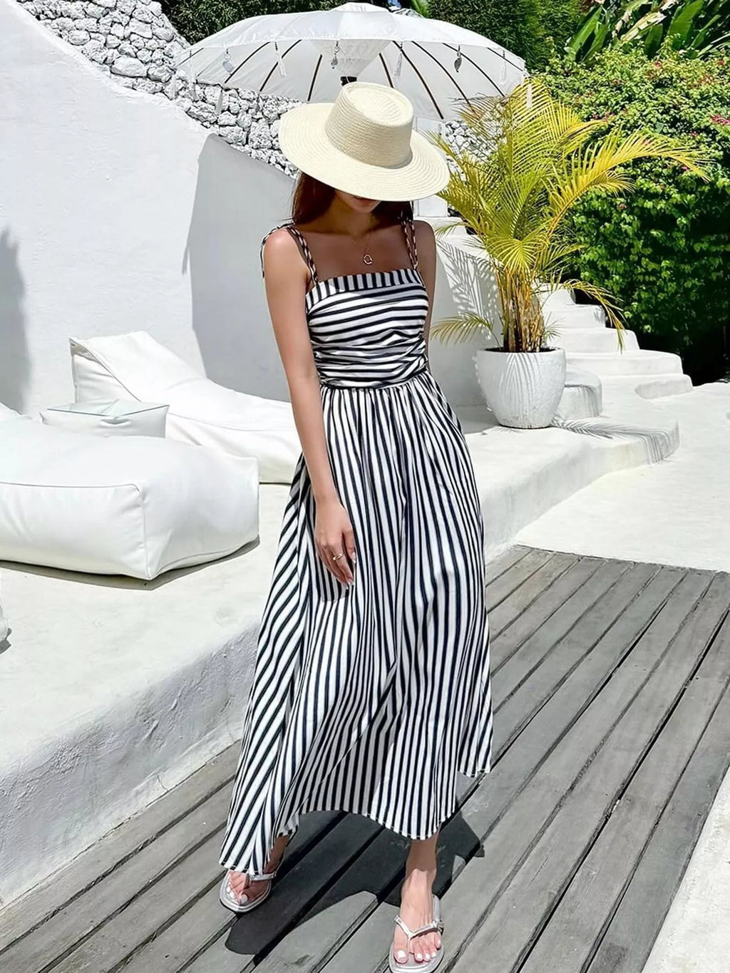 Striped Spaghetti Strap Casual Maxi Dress