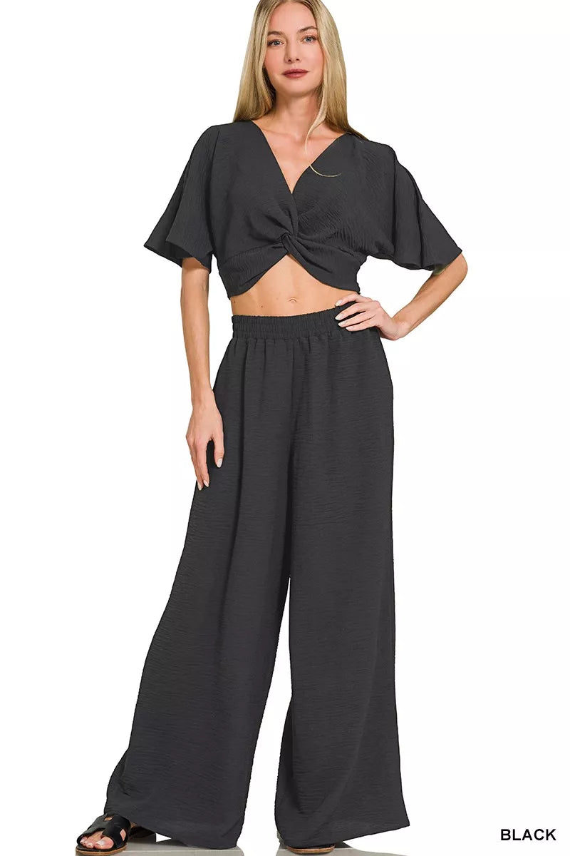 Zenana Woven Airflow Twisted Top & Wide Leg Pants Set