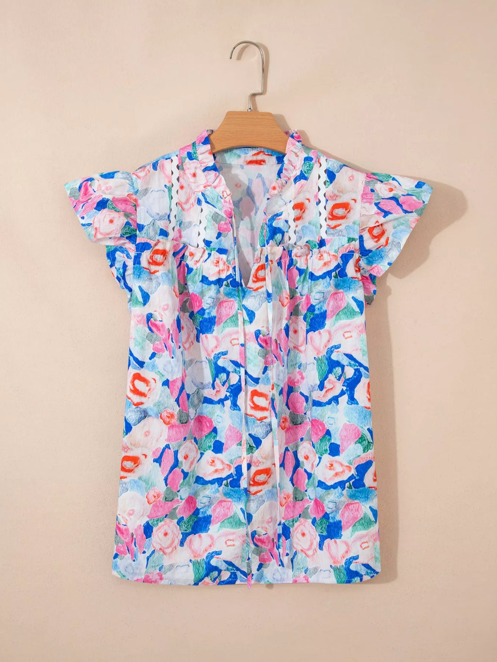 Floral Print Tie V Neck Contrast Detail Ruffle Short Sleeve Blouse