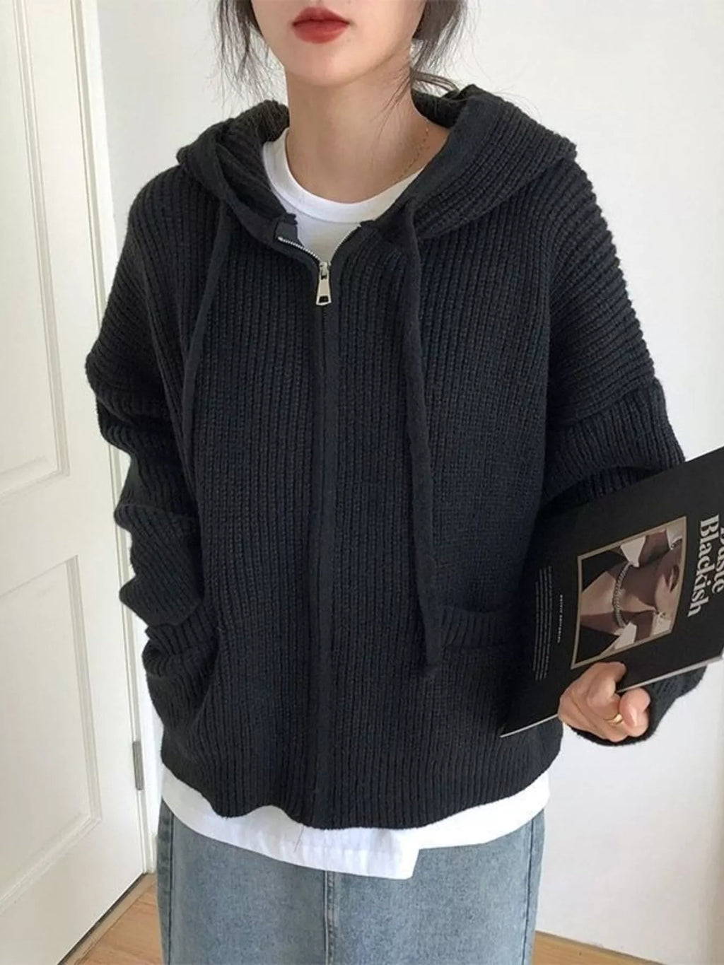 Full Size Casual Knitted Zip-Up Hooded Cardigan Plus Size