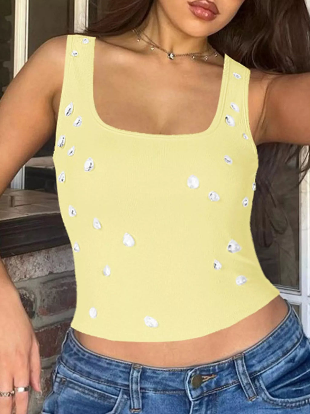 Bead Embellished Square Neck Tank