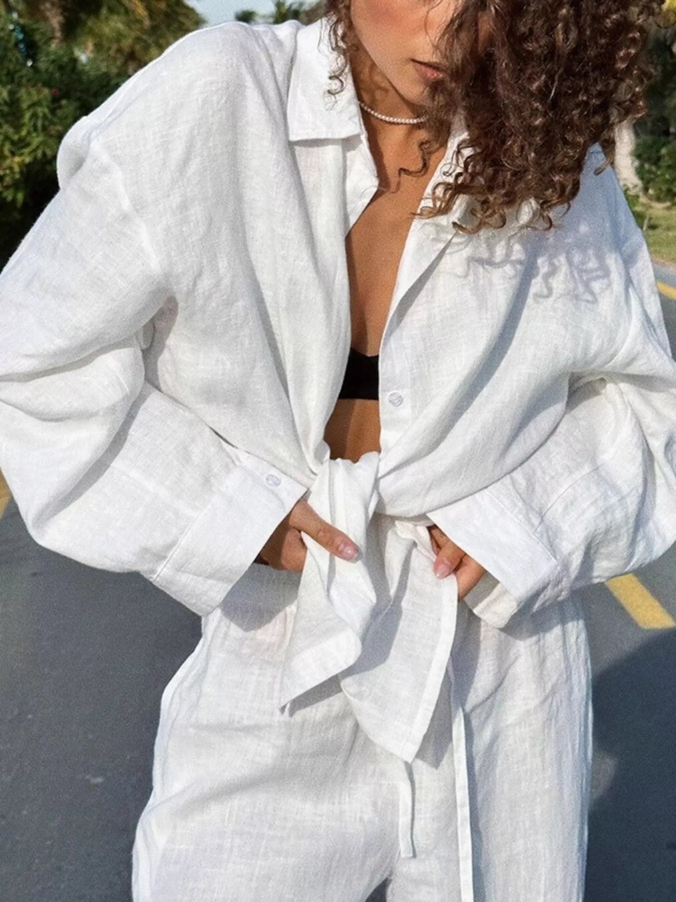 Relaxed Fit Button Up Shirt and Pants Two-Piece Set